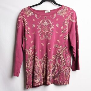 Cactus Paisley Top Womens XL Maroon Excellent Rhinestone Embellished 3/4 Sleeve